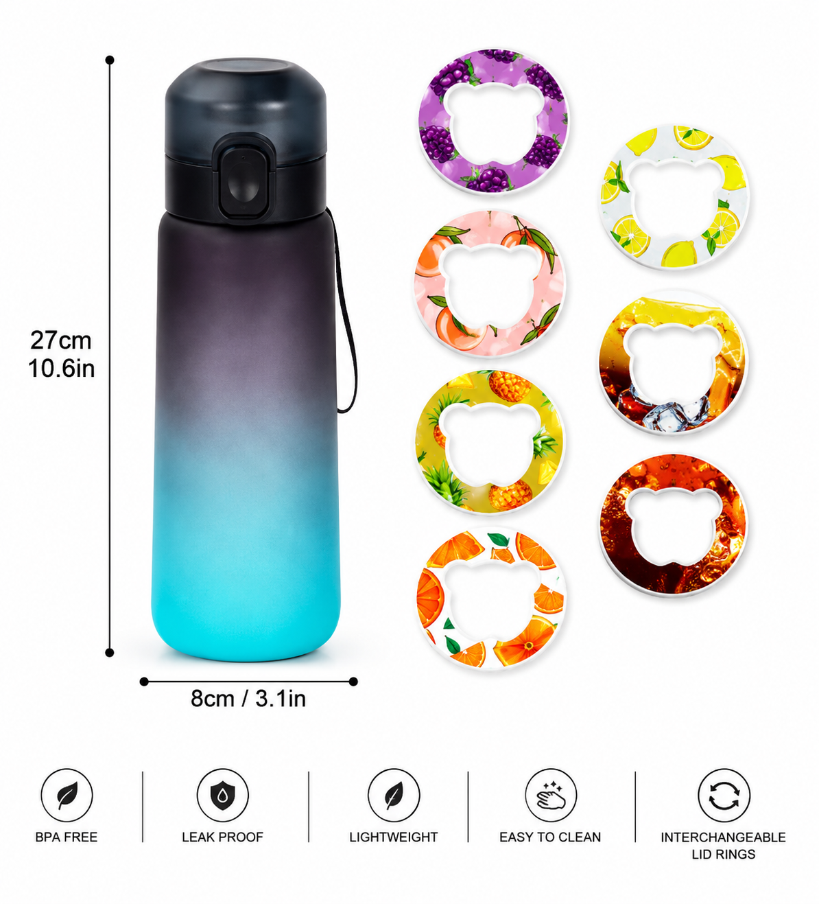 1Pc 650Ml Flavored Water Bottle with Random 1 Flavour Pods Air Water Bottle Frosted Black Air Camping Sport Fitness Cup